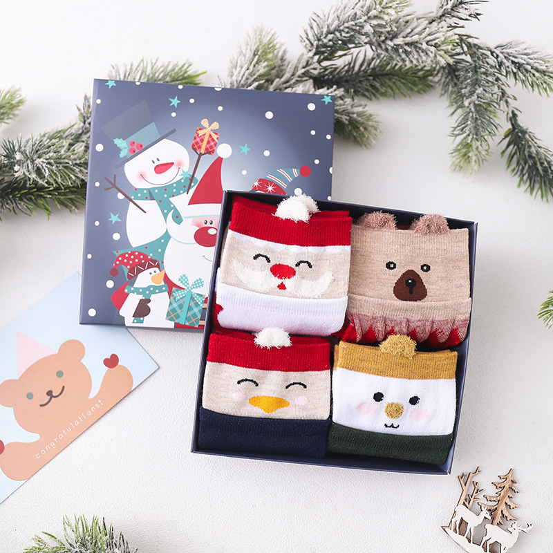 4 Pairs Christmas Stockings Cartoon Deer Boxed Cute Animal Cotton Ladies Crew Socks